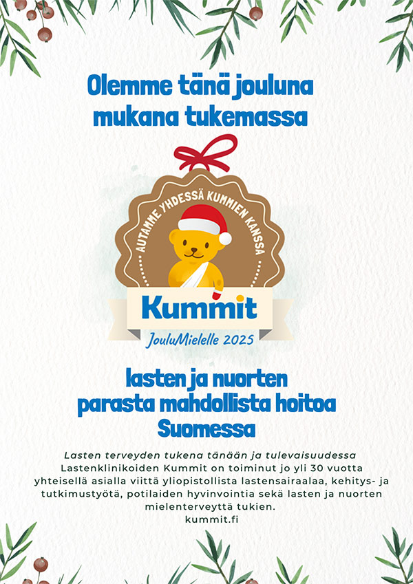 Sorapari Oy on jouluna vaikuttavasti mukana Kummien kanssa lasten terveyden tukijoukoissa.